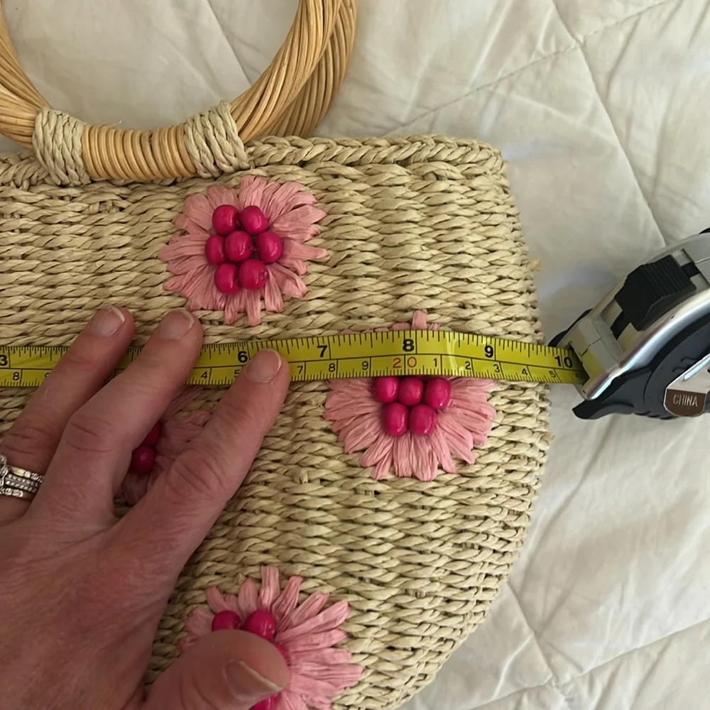 Urban Expressions Woven Straw Satchel with Pink Floral Accents